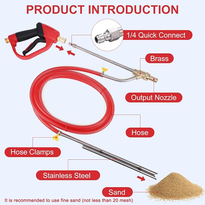 Pressure Washer Sand Gun Blaster Kit with Gun, 5000 PSI Sand Gun Blaster for Pressure Washer with 4 PCS Replacement Nozzle & 1/4'' Quick Disconnect Wet Abrasive Sand Gun Blaster Attachment