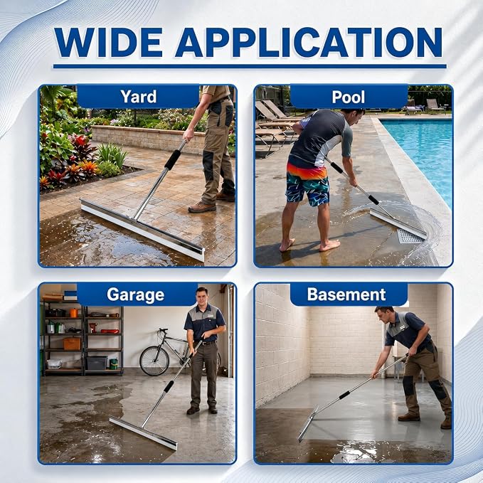 Large Floor Squeegee, 304 Stainless Steel Heavy Duty Water Removal Tool | 304 Stainless Steel Construction, 33.4" Wide Silicone Blade, Heavy Duty Design, Anti-Splash Baffle, Anti-Loosen Screws