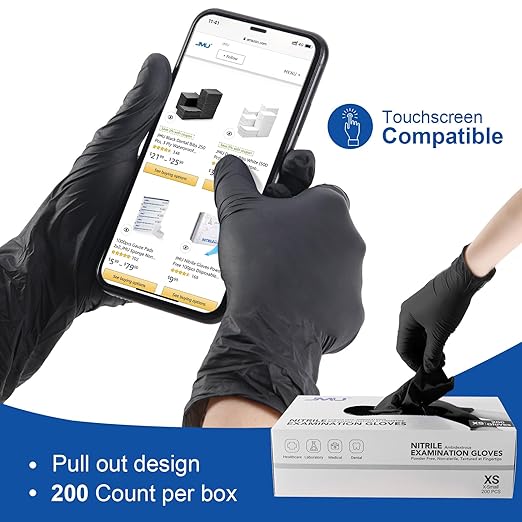 JMU XL Nitrile Gloves, 200 Black Nitrile Gloves, Latex Free, Powder Free, 3.5 Mil Nitrile Disposable Gloves