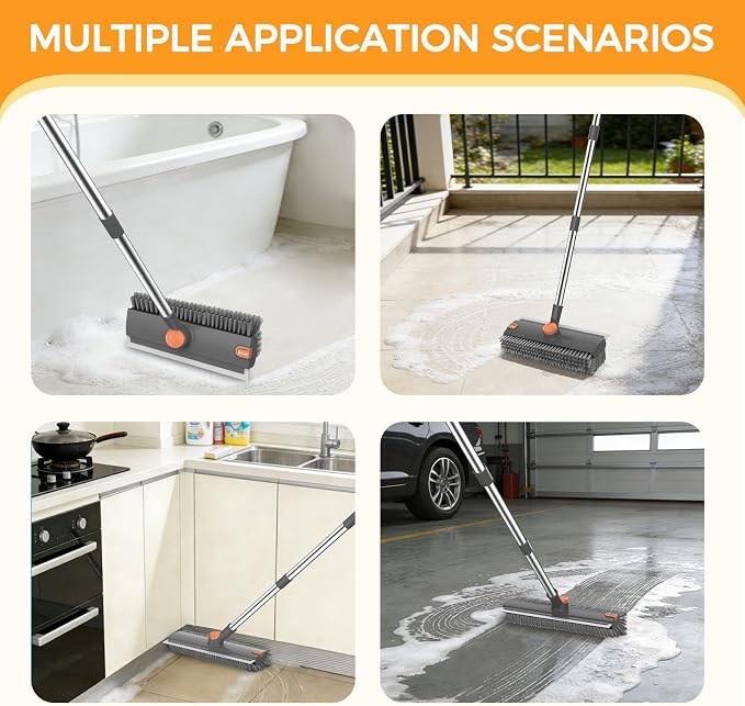 SetSail Floor Scrub Brush with 54in Adjustable Long Handle, Grey&Orange | 3 in 1 Floor Scrub Brush with Scraper and Stiff Bristle, Heavy Duty Floor Scrubber for Shower Bathroom Kitchen Patio Garage