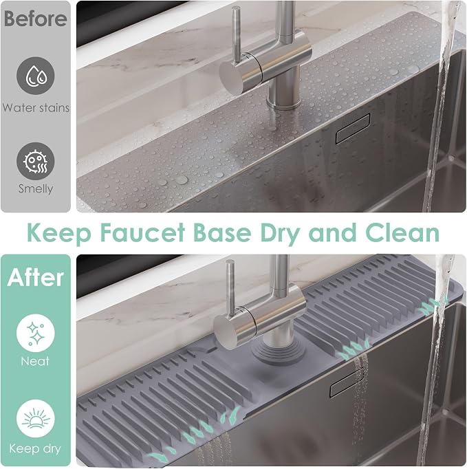 24 Inch Silicone Faucet Mat for Kitchen Sink Splash Guard - 7° Slope Water Draining Mat With Fasten Button for Bathroom Area (Dark Grey, 24''x5.5'')