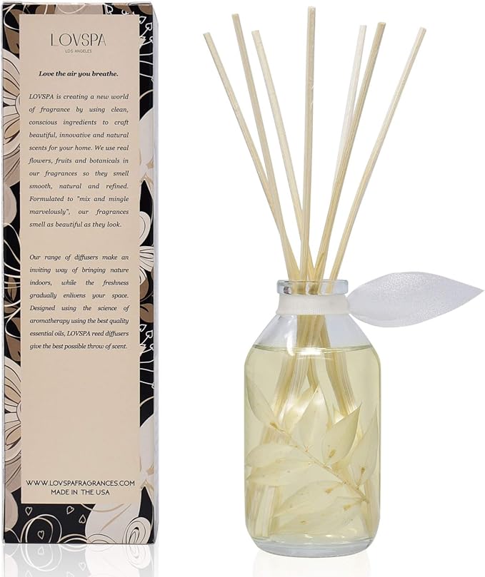 Reed Diffuser Set - Coconut & Eucalyptus Scented Diffuser with Sticks | Home Fragrance Reed Diffuser for Bedroom, Bathroom Shelf Décor, with Real Florals in the Bottle - Made in the USA