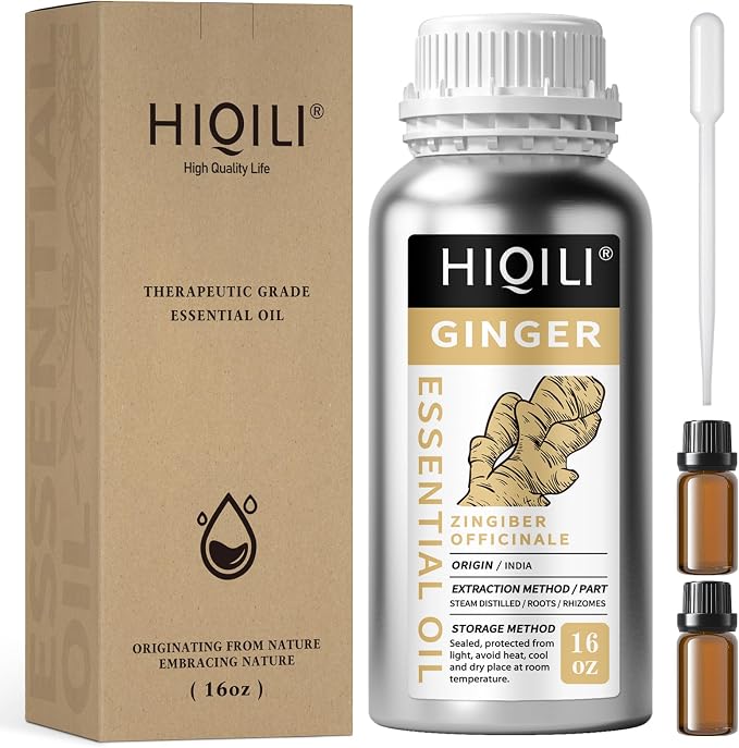 HIQILI Ginger Oil for Hair, Massage & Skin | Large Bottle for Extended Use, Body & Scalp, Soothes Tired Muscles after Activity, DIY Blends & Diffuser - 500mL / 16 fl oz