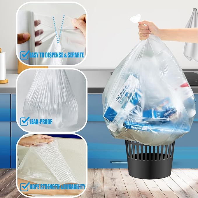 Trash Bags 8-10 Gallon, 300 Count Bulk, Clear Plastic Recycling Bags, Multi-purpose Garbage Bags Can Liners for Business Home Kitchen Commercial and Industrial