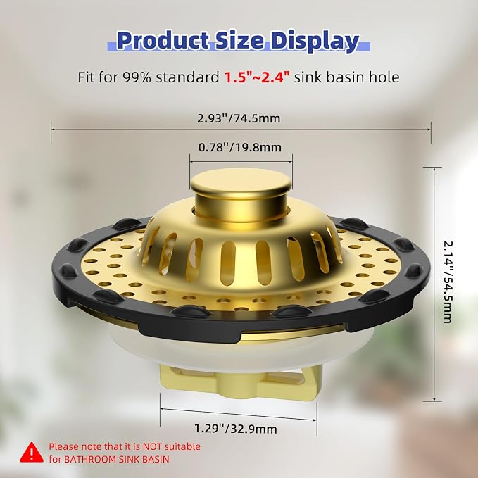 Universal Bathtub Drain Stopper Shower Drain Hair Catcher, Tub Stopper with Visible Top Strainer, Upgraded 3 in 1 Pop-up Drain Plug Fit for 1.5 to 2.4" Hole, Stainless Filter Basket, Brushed Gold