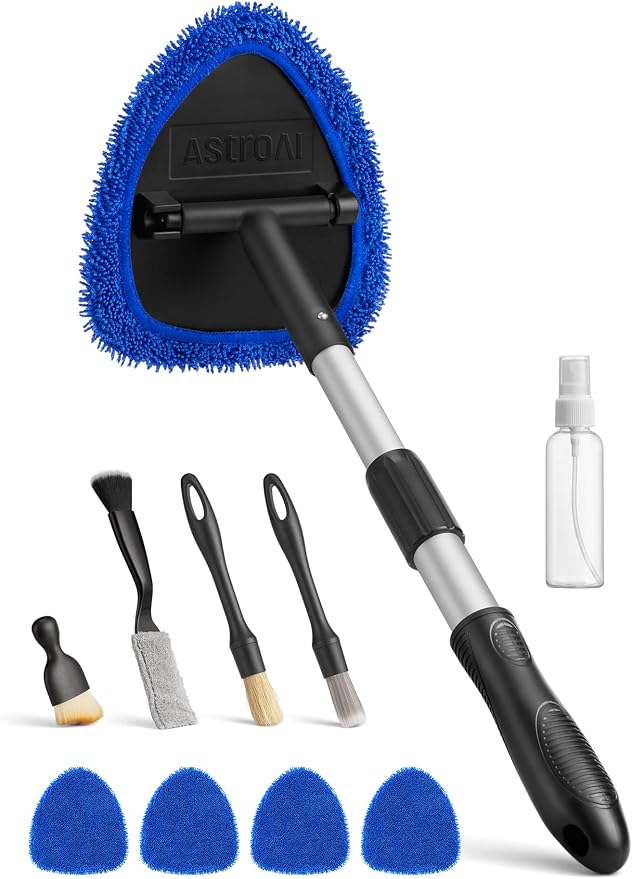 AstroAI 8pcs Windshield Cleaner Tool & Car Interior Detailing Kit | Extendable Handle, 4 Cleaning Brushes, 4 Reusable Microfiber Pads, Scratch-Free for Leather Seats, Blue