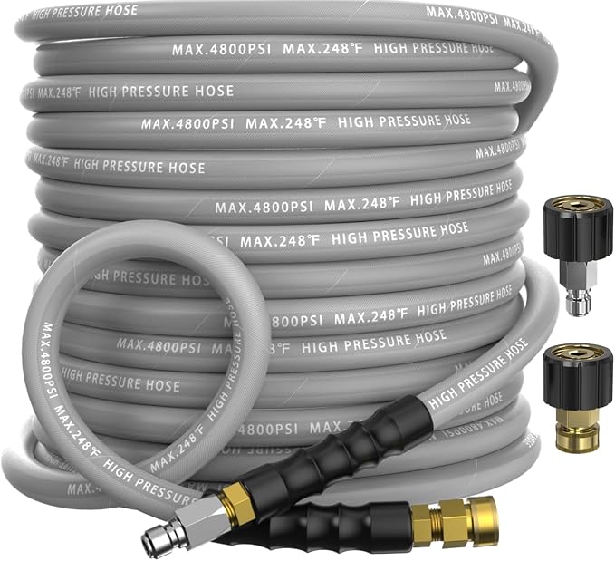 3/8" Pressure Washer Hose 25FT 4800 PSI, Kink Resistant Steel Braided Layer & NonMarking Rubber for Hot/Cold Water, High Power Washer Hose With 3/8 Inch Quick Connect & M22 Fitting, Gray