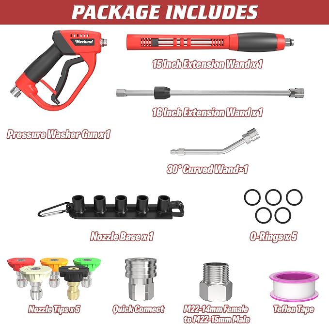 Pressure Washer Gun 5000PSI with Extension Wands，47 Inch | Pressure Washer Accessories with 1/4" Quick Connect Outlet, Car Wash Gun with 5 Nozzle Tips and M22-14mm to M22-15mm Adapters