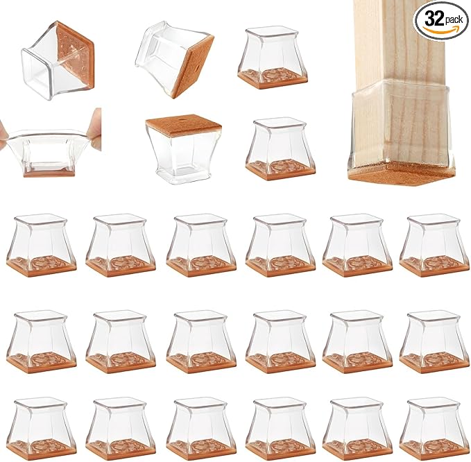 CHUNZEXI 32 Pack Square Chair Leg Floor Protectors for Hardwood Floors, Silicone Felt Covers Pads Caps, Protect Wood Furniture Feet Floors Noise Reduce and Scratch (Square Small & Clear)