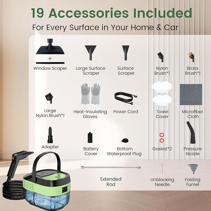 Granarbol Steam Cleaner, 2500W 1.6L Handheld Steamer for Home Car Cleaning | 10s Heat-up, 19pcs Accessories, 3 Levels, Chemical-free Cleaning for Kitchen, Floor, Bathroom, Car Interior, Black & Green