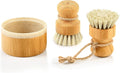 SUBEKYU Bamboo Dish Brush Set with Soap Holder, Wooden Dish Scrubber with Soap Dispenser, Natural Kitchen Scrub Brush, Washing Pot/Pans/Cast Iron, 2 Pack, Sisal Bristles