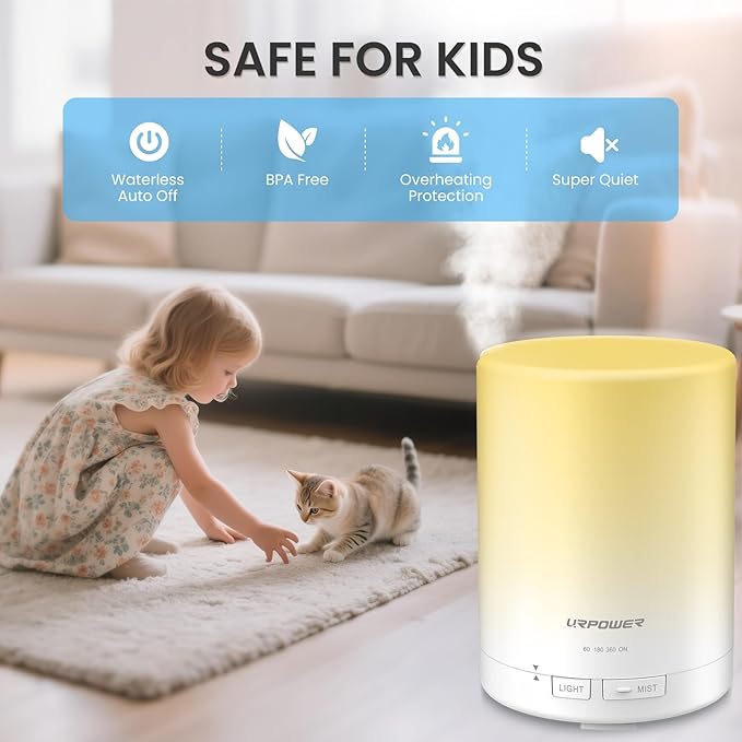URPOWER 300mL Essential Oil Diffuser Ultrasonic Aromatherapy Diffuser | Quiet Diffuser with Auto-off Protection, 7-Color LED Light & 4 Timer Settings Humidifier for Yoga Bedroom Living Room Office