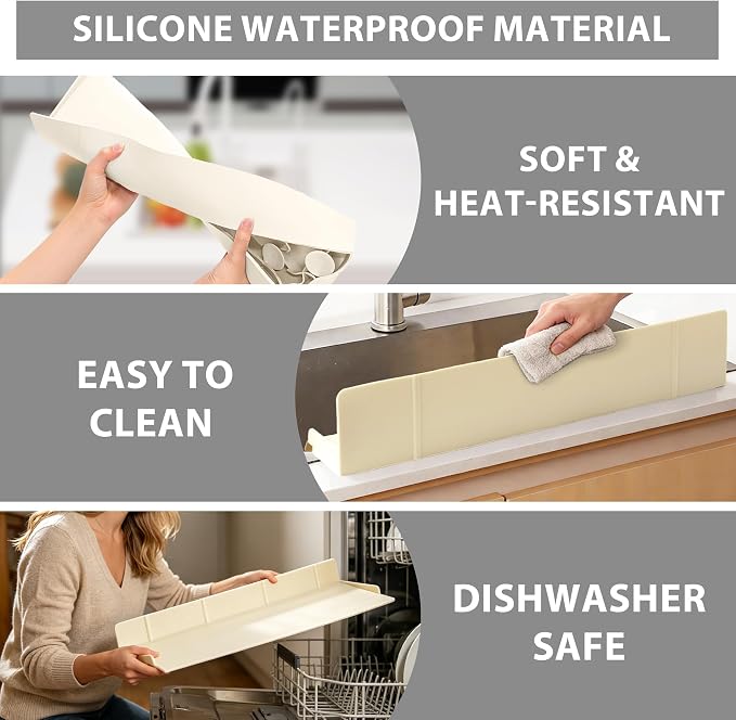 Full-Coverage Sink Splash Guard – 22.8 Inch Extra-High Ramp with Super Strong Suction Cups, Silicone Sink Splash Guard with Front-Edge Storage for Kitchen (White, 22.8''x4''x2.8'')