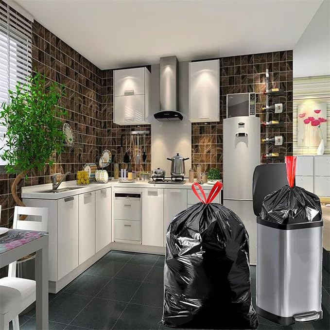 Large Black Trash Bags 20-21 Gallon Drawstring Garbage Bags,Measuring 28x 33.8 inches,Heavy Duty Plastic Garbage Bags for Household Kitchen Office Restaurant Thickened Stretchy (60 Count)