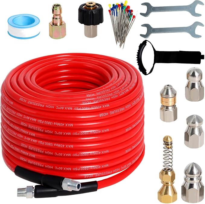 100FT Sewer Jetter Kit for Pressure Washer 5800PSI Drain Cleaner | 1/4" NPT Hose with 5 Jetting Nozzles Waterproof Tape and Spanners for Pressure Washer Drain Cleaning