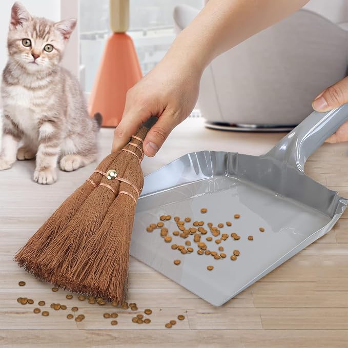 Small Metal Dust Pan and Brush for Fireplace, Garage, Shop, 9" Wide | Heavy Duty Dustpan and Hand Broom for Outdoor Camping Indoor, Natural Bristle Bench Brush for Counter Ash Cleanup Anti-Static