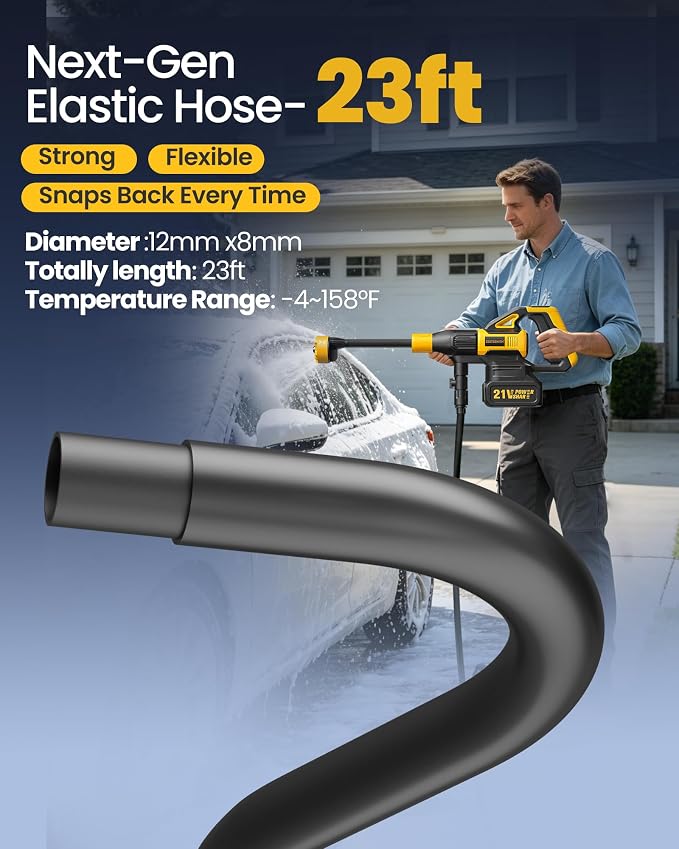 Cordless Portable Washer, Battery Operated Car Washer with 21V Battery & Charger, 990 PSI, 6-in-1 Nozzle, Foam Pot, 23FT High-Elastic Hose, Handheld Cleaner for Home Garden Patio (FlashYellow-Black)