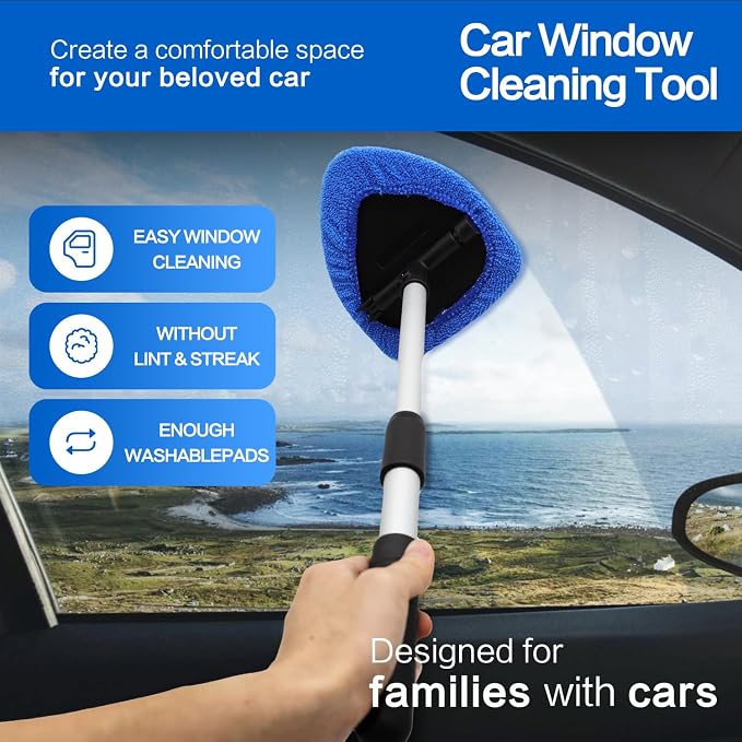 Windshield Cleaner Tool 22.5" L - Car Interior&Exterior Window Cleaning Kit with Extendable Handle&4 Microfiber Pads and Thick Large Wash Sponge, Auto Glass Wiper Brush Kit for Cars Home (7pcs Blue)