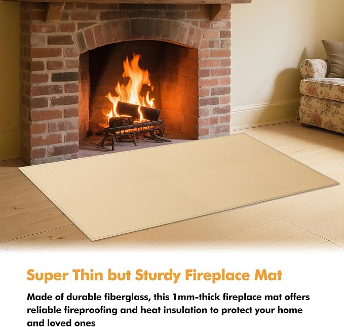 Hearth Rugs for Fireplaces Fire Resistant, 4' x 2'4" x 0.04'', Khaki | 1800°F fireplace mat, fiberglass fireplace rugs fireproof protect floors carpets from sparks embers, easy to clean, versatile