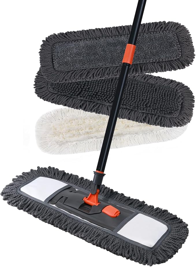 18" Dust Mop Floor Cleaning System, Flat Mop with Stainless Steel Handle, 3 Different Washable Pads Wet and Dust Mopping for Hardwood, Vinyl, Laminate, Tile Cleaning