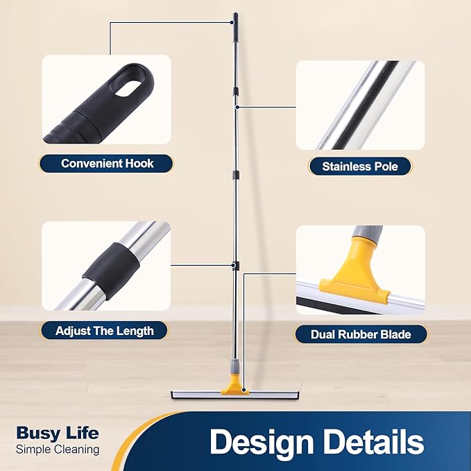 Yocada Rubber Floor Squeegee 17.7" TPR Blade Scrubber Broom 61.8inch Pole | Household Broom for Garage Courtyard Shower Bathroom Floor Marble Glass Tile Water Foam Pet Hair Removal Cleaning