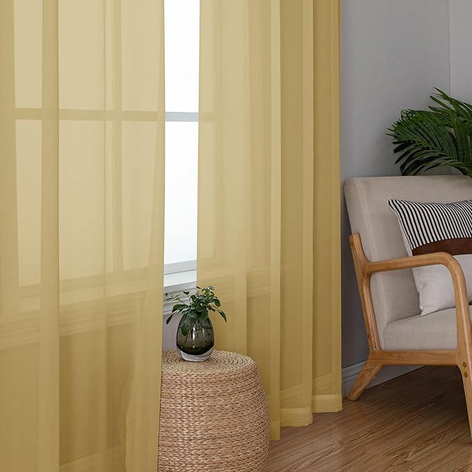 Chyhomenyc Gold Sheer Curtains 63 Inch Length 2 Panels, Rod Pocket Solid Window Sheer Curtain Panels, Elegant Curtains & Drapes for Living Room Bedroom 2 Panels (Gold, 42 W x 63 L)