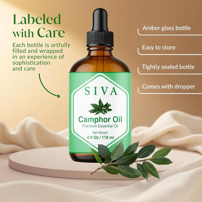 Siva Camphor Essential Oil, Glass Bottle with Dropper, 4 Fl Oz (118 ml) | Camphor Oil for Diffuser, Humidifier, Steam, Spray, Body Massage, Hair, Skin, Soap Making, Candle Making & DIY Blending