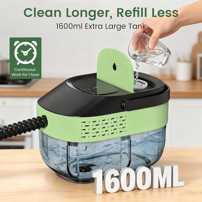 Granarbol Steam Cleaner, 2500W 1.6L Handheld Steamer for Home Car Cleaning | 10s Heat-up, 19pcs Accessories, 3 Levels, Chemical-free Cleaning for Kitchen, Floor, Bathroom, Car Interior, Black & Green