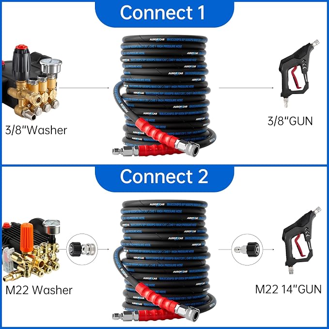 3/8'' Pressure Washer Hose 100FT, Kink Resistant High Tensile Wire Braided Power Washer Hose for Hot and Cold Water with 2 Pcs M22-14mm 3/8" Quick Connect Kit, 5200PSI Commercial Industrial Grade