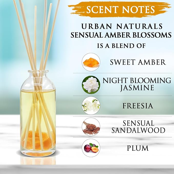 Reed Diffuser Set, Sensual Amber Blossoms - Bathroom Décor | Made with Essential Oils & Real Botanicals, Sweet Amber, Night Blooming Jasmine, Sandalwood, Bergamot, Vanilla & Musk