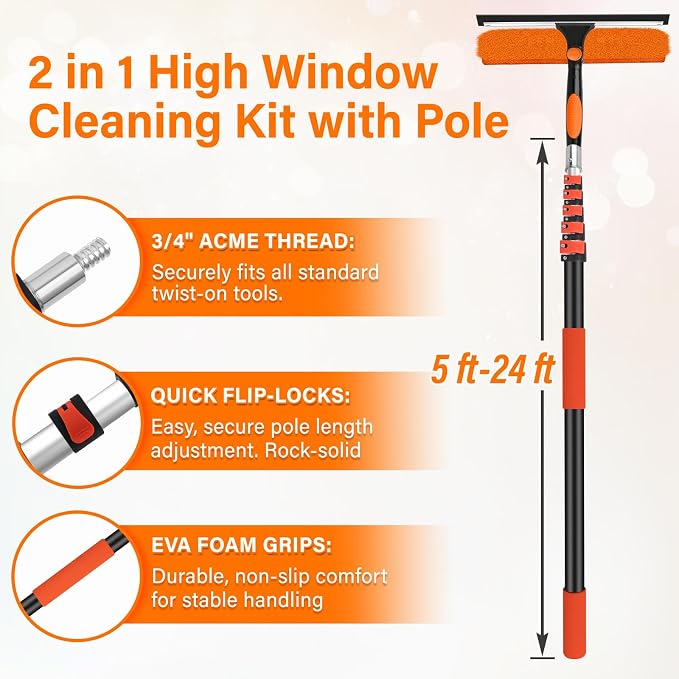 14" Extra-Wide Window Squeegee with 5-24FT Extension Pole | 30FT High Reach Window Cleaning Kit with- 2-in-1 Professional Window Scrubber, for Indoor & Outdoor High Windows,RVs