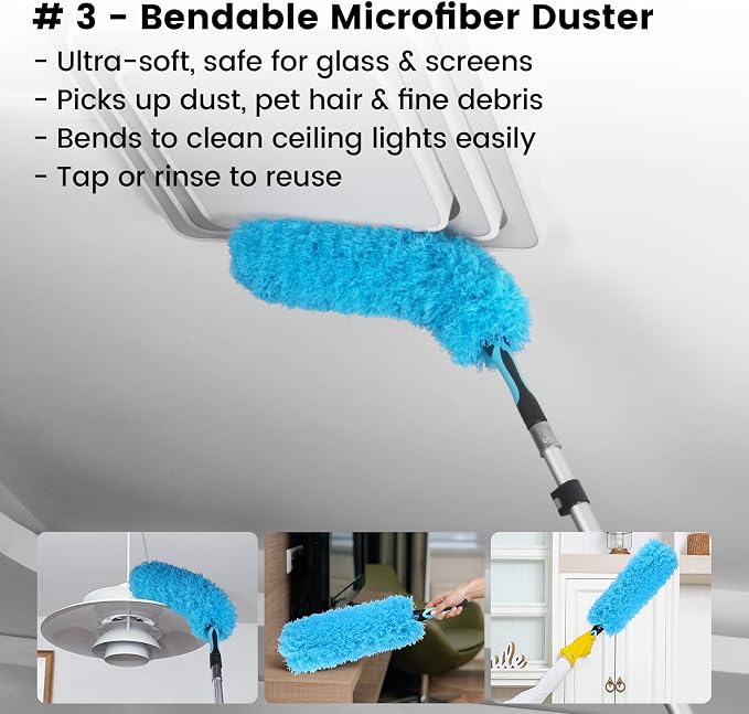 Ceiling Fan Duster Kit with 12 FT Telescoping Pole – 6-Piece Set – Screw-On Cobweb Duster & Squeegee Heads – Washable Bendable – 3/4" Universal Fit – House Cleaning Kit, Blue