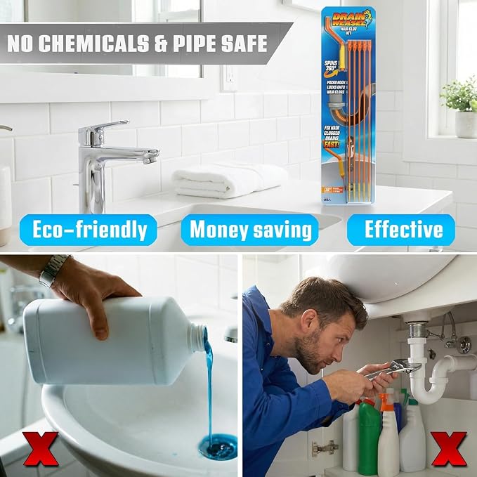Flexisnake Drain Weasel Hair Clog Remover Kit – Plumbing Snake Auger for Cleaning Shower, Bath Tub, Bathroom Drains with Rotating Handle and 5 Disposable Wands, Made in USA | Pipe, Bathroom, Bathtub Cleaner, 18-inch Long Refills, Flexible, Removable Ha...