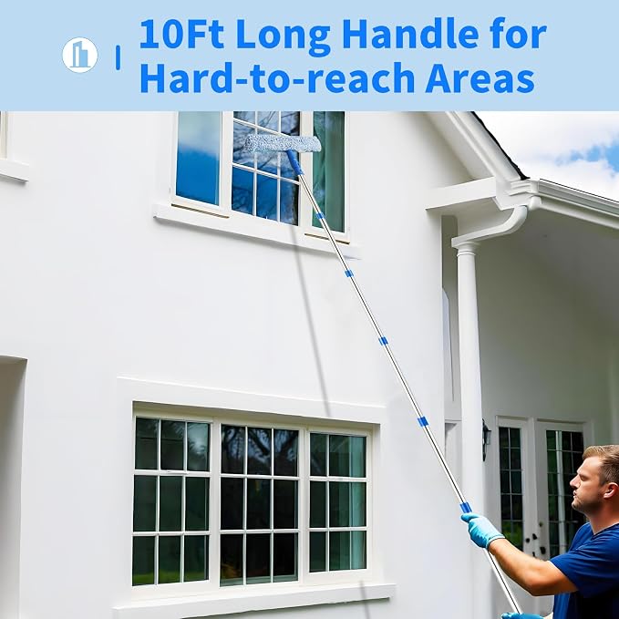 10Ft Window Squeegee with Long Handle, Window Washer for High Windows Glass | 14" Squeegee for Window Cleaning, 15" Microfiber Scrubber, 120" Window Cleaning Kit, Window Washing kit for Home, Outdoor