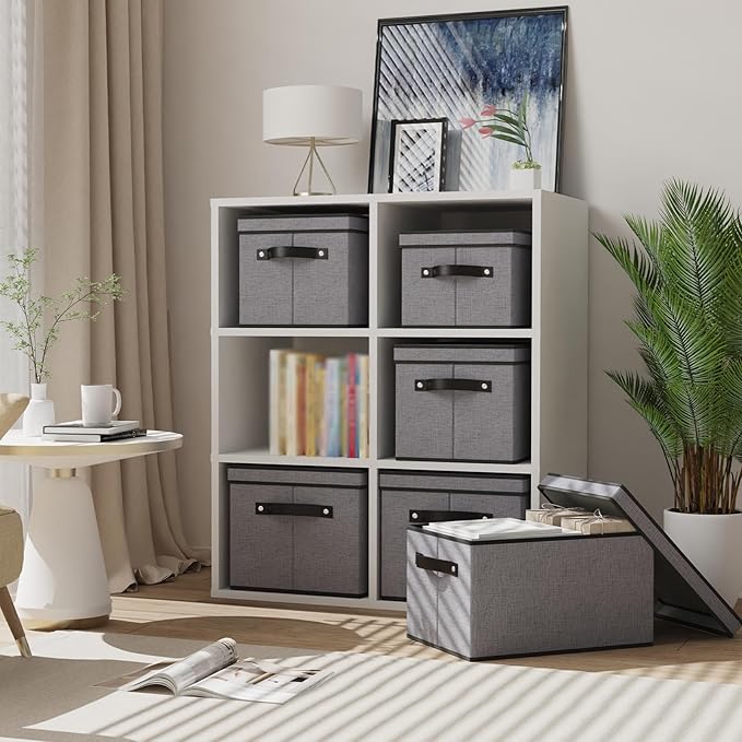Clothing Storage Bins, Blanket Baskets for Shelves, Fabric Cubes with Handles and Lids, Decorative Linen Closet Organizers Boxes, Gray, 1 Pack, 16.5 x 11.8 x 10.2 Inch