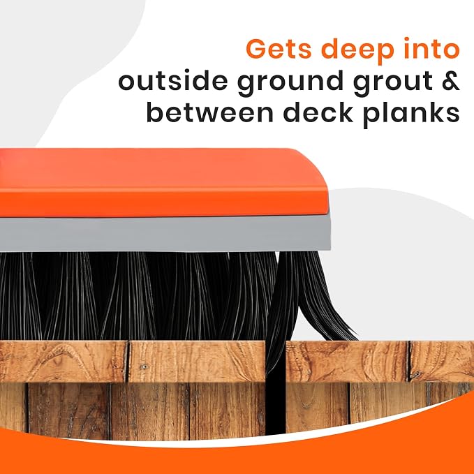 Deck Brush with Long Handle, Stiff Bristle Floor Scrub Broom, 55'' Outdoor Scrubber Remove Dirt, Leaves, Snow on Carpet, Patios, Garage, Concrete