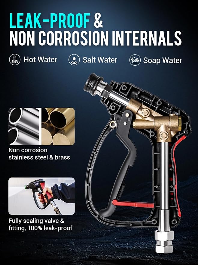 MEKOH Short Pressure Washer Gun with Swivel, 5000 PSI High Power Washer Spray Gun, 10 GPM Foam Gun with 3/8" Quick Connect, M22-14mm for Extension Wand, Hose, Pressure Washer Handle with 5 Nozzle Tips