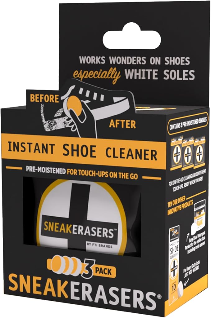 SneakERASERS Instant Shoe Cleaner Pre-Moistened Sponge, 3 Pack | Effective for White Sneakers, Tennis Shoes, Portable Shoe Cleaning Kit, Instant Sneaker Cleaner