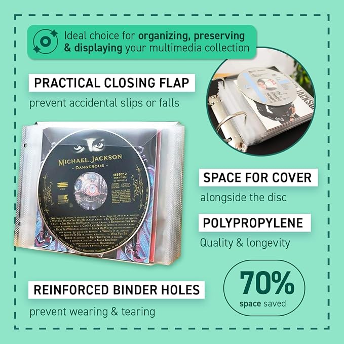 Tarifold CD Storage Binder Sleeves, 2-Ring Holes and Closing Flap, 100 Pack | Reinforced 2-ring binder holes, holds CD, cover art and booklet, durable 120-micron polypropylene, scratch and dust resistant