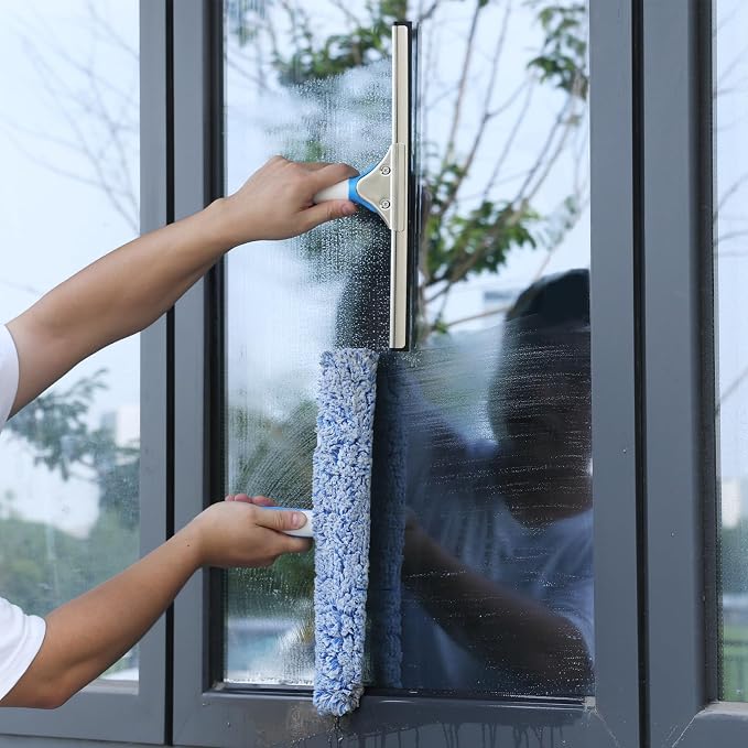 Window Cleaning Kit 77'' Long Handle with Bucket for Home Outdoor | Professional Window Washing Equipment, 77'' Long Handle, 14'' Silicone Squeegee, Microfiber Scrubber, Cloth, Commercial Use