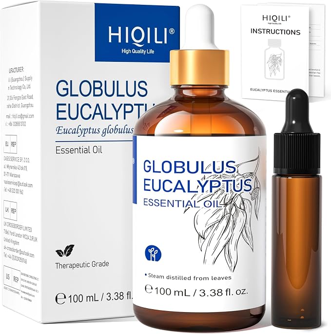 HIQILI Eucalyptus Essential Oil for Diffuser, Aromatherapy & Spray | Essential Oils with Travel Bottle, for Humidifier, Skin, Massage, Home Cleaning, Candle and Soap Making —100ml / 3.38 fl oz