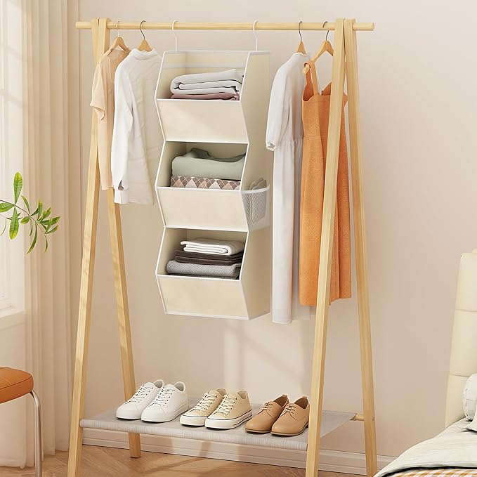 Hanging Closet Organizers and Storage for Kids Room Organization, 3 Tiers | Hanging Closet Shelves for Underwear Swimsuit Storage, Hanging RV Closet Organizers and Storage Camper Closet Organizer Beige