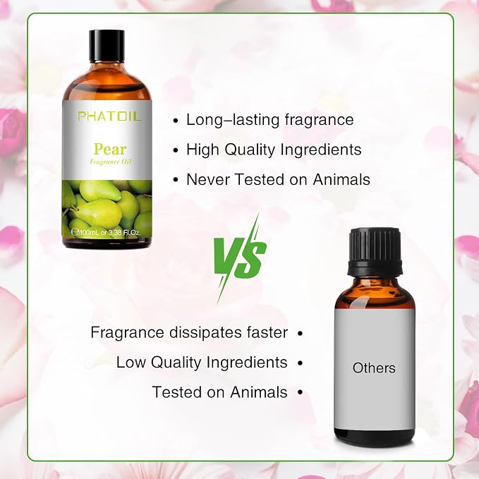 PHATOIL Pear Fragrance Oil for Diffuser Aromatherapy 3.38FL.OZ | Long Lasting Scented Oils For Humidifier, Air Freshener, DIY Soap Candle, Scent Project Making, Aroma Oil for Home Freshening