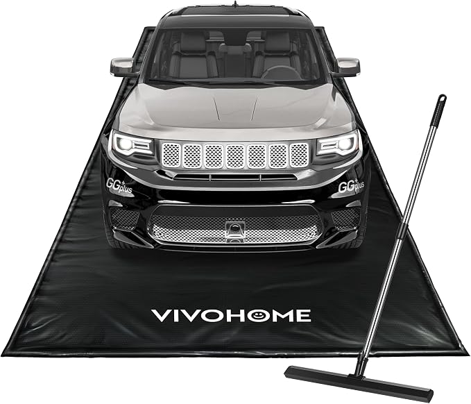 VIVOHOME Containment Mat (7'9" x 18') with Stay Put Corner, Black | PVC Garage Floor Mats, Heavy Duty Garage Parking Mat with a Squeegee