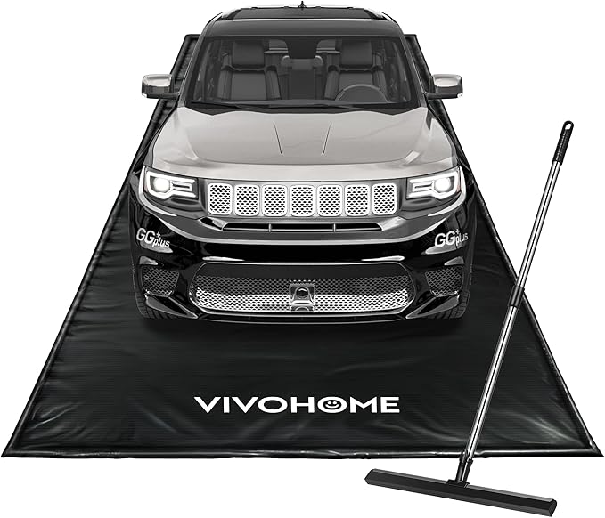 VIVOHOME Containment Mat (8'6" x 20') with Stay Put Corner, Black | PVC Garage Floor Mats, Heavy Duty Garage Parking Mat with a Squeegee