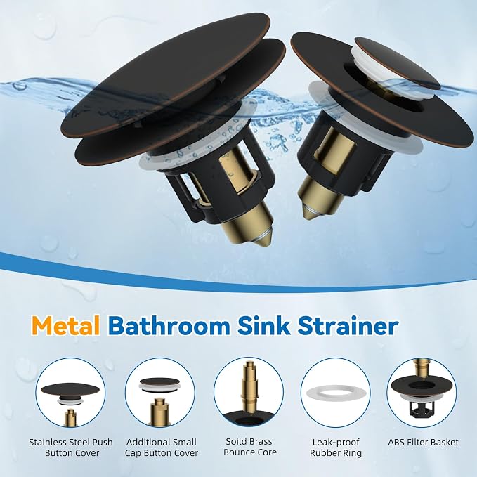Universal Metal Bathroom Sink Stopper Hair Catcher, Oil-Rubbed Bronze | Pop-Up Sink Drain Strainer with Detachable Filter, Drain Plug Fits 1.1"-2.36" US Basin, Large Cover Cap, Brass Bounce Core