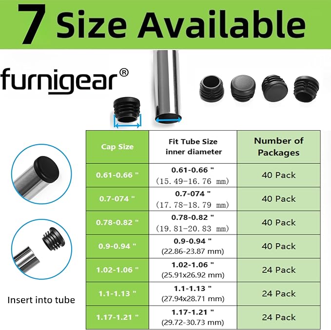 Furnigear Plastic Plugs Tubing End Caps Chair End Caps 1 3/16" Outside Bottom Round Tubing Caps Round Furniture Sliders Glides Black (Fit 1.1-1.13" Tube Inner Diameter, 24pack)