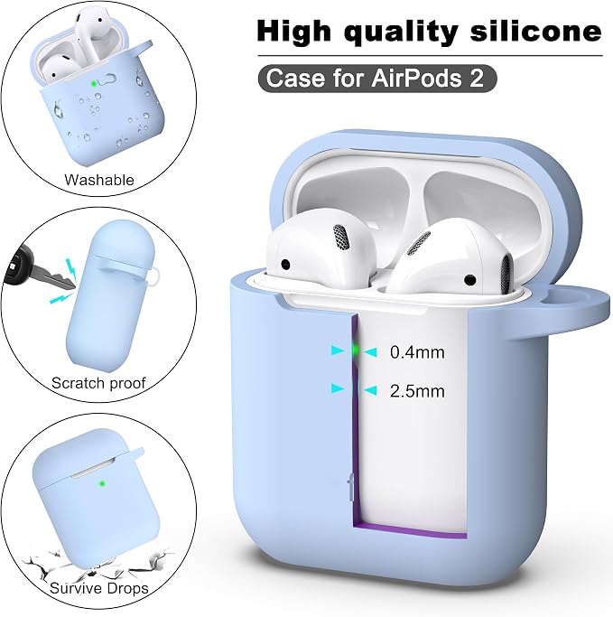 R-fun for AirPods 1/2 Case, Soft Silicone Protective Cover with Keychain and Cleaning Pen, Compatible with AirPods 2nd/1st Generation (2016/2019), Full Drop Protection Cover, Sky Blue