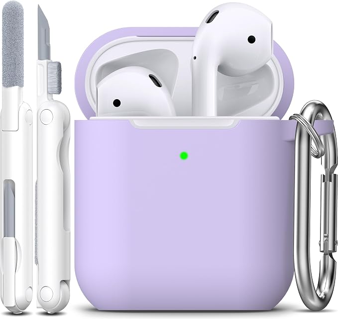 R-fun for AirPods 1/2 Case, Soft Silicone Protective Cover with Keychain and Cleaning Pen, Compatible with AirPods 2nd/1st Generation (2016/2019), Full Drop Protection Cover, Banana Violet