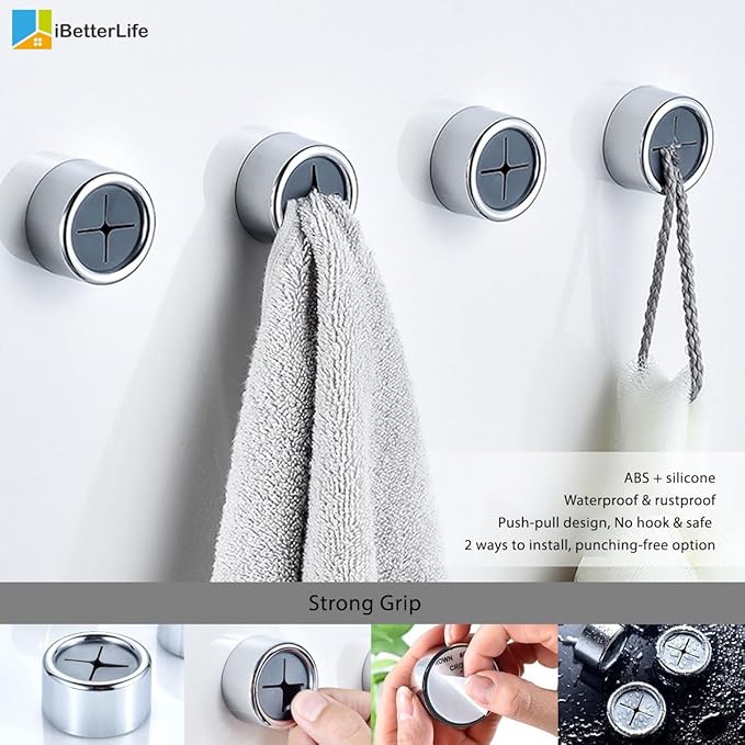 iBetterLife Adhesive Towel Holder for Kitchen - 4 Pack Dish Towel Hooks for Cabinet, Push Hand Towel Hanger, Dish Cloth Rag Holder for Home Bathrooms, Kitchens, Garages, RV, Within Easy Reach, Grey